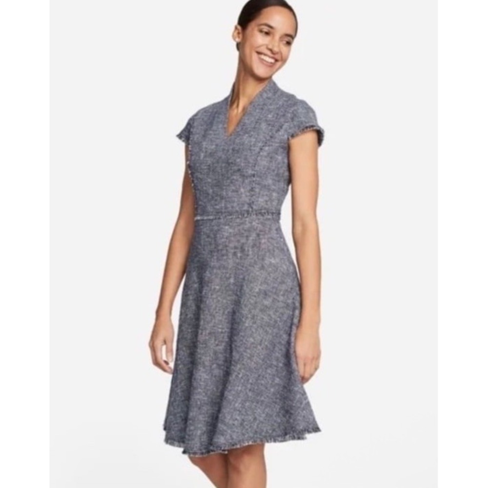 NWT J. McLaughlin Zinnia Tweed Dress Sz 2 Dark Navy/White Lined Fringe Office